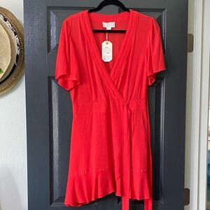 Love Riche Vibrant Red Ruffled Wrap Dress